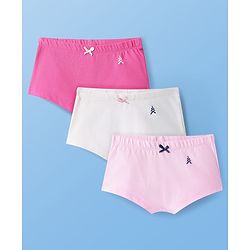 Pine Kids Cotton Lycra Knit Panties with Bow Applique & Brand Logo Print Pack of 3 - White & Pink