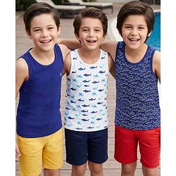 Pine Kids Cotton Knit Sleeveless Fish Printed Vests Pack of 3 (Colour & Print May Vary)