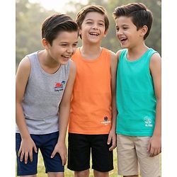 Pine Kids Cotton Knit Sleeveless Vests  with Beach Theme Print Pack of 3 (Colour May Vary)