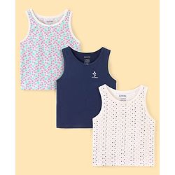 Pine Kids Cotton Lycra Knit Sleeveless Vests with Floral & Polka Dot Prints Pack of 3 - Navy Blue & Beige