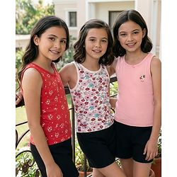 Pine Kids Cotton Knit Sleeveless Floral Print Vests Pack of 3 (Colour & Print May Vary)