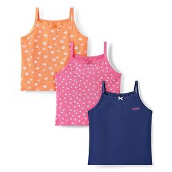 Pine Kids Cotton Lycra Knit Sleeveless Slips With Floral & Star Print Pack of 3 - Orange Pink & Navy Blue