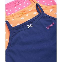 Pine Kids Cotton Lycra Knit Sleeveless Slips With Floral & Star Print Pack of 3 - Orange Pink & Navy Blue