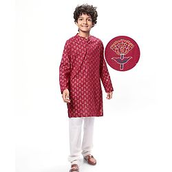 Pine Kids Woven Full Sleeves Kurta & Pajama Set Floral Foil Print - Dark Pink