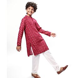 Pine Kids Woven Full Sleeves Kurta & Pajama Set Floral Foil Print - Dark Pink