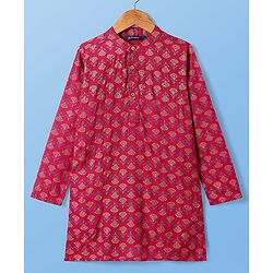 Pine Kids Woven Full Sleeves Kurta & Pajama Set Floral Foil Print - Dark Pink