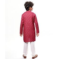 Pine Kids Woven Full Sleeves Kurta & Pajama Set Floral Foil Print - Dark Pink