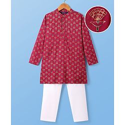 Pine Kids Woven Full Sleeves Kurta & Pajama Set Floral Foil Print - Dark Pink