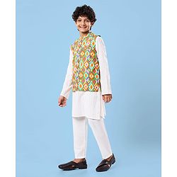 Pine Kids Cotton Woven Full Sleeves Striped Kurta Pyjama Set with Ikkat Print Jacket - White