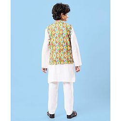 Pine Kids Cotton Woven Full Sleeves Striped Kurta Pyjama Set with Ikkat Print Jacket - White