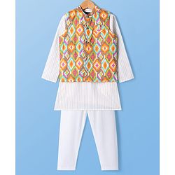 Pine Kids Cotton Woven Full Sleeves Striped Kurta Pyjama Set with Ikkat Print Jacket - White