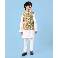 Pine Kids Cotton Woven Full Sleeves Striped Kurta Pyjama Set with Ikkat Print Jacket - White