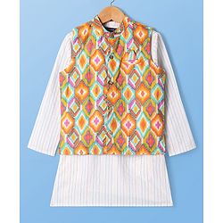 Pine Kids Cotton Woven Full Sleeves Striped Kurta Pyjama Set with Ikkat Print Jacket - White