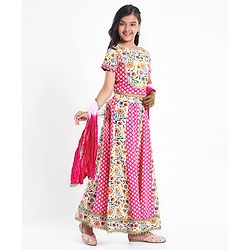 Pine Kids Cotton Woven Half Sleeves Choli Lehenga Set with Dupatta & Floral Print & Lace Detailing - Pink & White