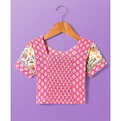 Pine Kids Cotton Woven Half Sleeves Choli Lehenga Set with Dupatta & Floral Print & Lace Detailing - Pink & White