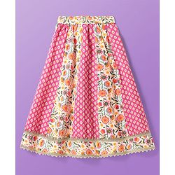 Pine Kids Cotton Woven Half Sleeves Choli Lehenga Set with Dupatta & Floral Print & Lace Detailing - Pink & White