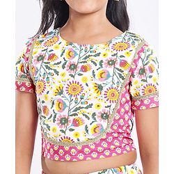 Pine Kids Cotton Woven Half Sleeves Choli Lehenga Set with Dupatta & Floral Print & Lace Detailing - Pink & White
