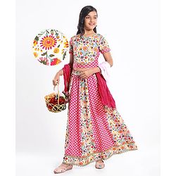 Pine Kids Cotton Woven Half Sleeves Choli Lehenga Set with Dupatta & Floral Print & Lace Detailing - Pink & White