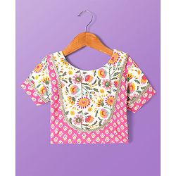 Pine Kids Cotton Woven Half Sleeves Choli Lehenga Set with Dupatta & Floral Print & Lace Detailing - Pink & White