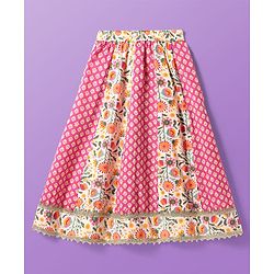 Pine Kids Cotton Woven Half Sleeves Choli Lehenga Set with Dupatta & Floral Print & Lace Detailing - Pink & White