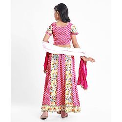 Pine Kids Cotton Woven Half Sleeves Choli Lehenga Set with Dupatta & Floral Print & Lace Detailing - Pink & White