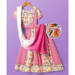 Pine Kids Cotton Woven Half Sleeves Choli Lehenga Set with Dupatta & Floral Print & Lace Detailing - Pink & White