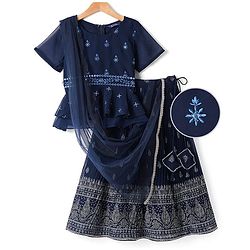 Pine Kids Woven Half Sleeves Choli Lahenga & Dupatta Set with Floral  Embroidery & Foil Print- Navy