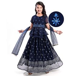 Pine Kids Woven Half Sleeves Choli Lahenga & Dupatta Set with Floral  Embroidery & Foil Print- Navy