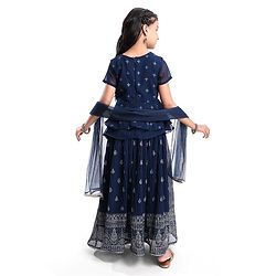 Pine Kids Woven Half Sleeves Choli Lahenga & Dupatta Set with Floral  Embroidery & Foil Print- Navy