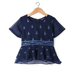 Pine Kids Woven Half Sleeves Choli Lahenga & Dupatta Set with Floral  Embroidery & Foil Print- Navy