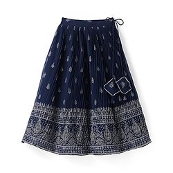 Pine Kids Woven Half Sleeves Choli Lahenga & Dupatta Set with Floral  Embroidery & Foil Print- Navy