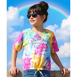 Pine Kids Cotton Knit Half Sleeves Drop Shoulder Top with Rainbow Print - Pink Blue & Yellow