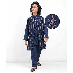 Pine Kids Woven Full Sleeves Sequin Embroidered Kurta Pyjama Set with Jacket - Navy Blue