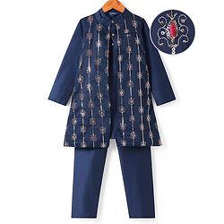 Pine Kids Woven Full Sleeves Sequin Embroidered Kurta Pyjama Set with Jacket - Navy Blue