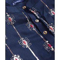 Pine Kids Woven Full Sleeves Sequin Embroidered Kurta Pyjama Set with Jacket - Navy Blue