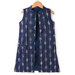 Pine Kids Woven Full Sleeves Sequin Embroidered Kurta Pyjama Set with Jacket - Navy Blue