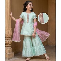 Pine Kids Woven Half Sleeveless Embroidered Kurti & Gharara Set with Dupatta - Aqua Blue