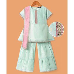 Pine Kids Woven Half Sleeveless Embroidered Kurti & Gharara Set with Dupatta - Aqua Blue
