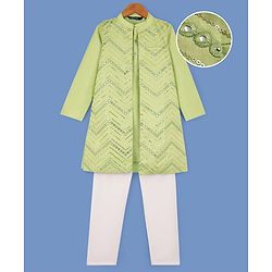 Pine Kids Woven Full Sleeves Kurta Pyjama Set with Sequin Detailing Jacket - Lime Green