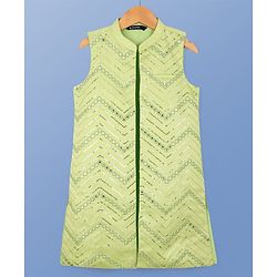 Pine Kids Woven Full Sleeves Kurta Pyjama Set with Sequin Detailing Jacket - Lime Green