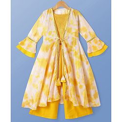 Pine Kids Viscose Woven Embroidered Top and Palazzo with Full Sleeves Tie Dye Shrug - Yellow