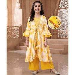Pine Kids Viscose Woven Embroidered Top and Palazzo with Full Sleeves Tie Dye Shrug - Yellow
