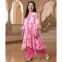 Pine Kids Viscose Woven Embroidered Top and Palazzo with Full Sleeves Tie Dye Shrug - Pink