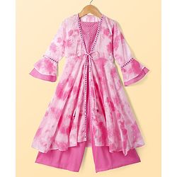Pine Kids Viscose Woven Embroidered Top and Palazzo with Full Sleeves Tie Dye Shrug - Pink