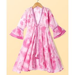 Pine Kids Viscose Woven Embroidered Top and Palazzo with Full Sleeves Tie Dye Shrug - Pink