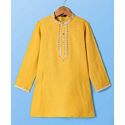 Pine Kids Woven Full Sleeves Sequined Embroidery Kurta Pyjama Set - Mustard