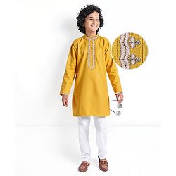 Pine Kids Woven Full Sleeves Sequined Embroidery Kurta Pyjama Set - Mustard
