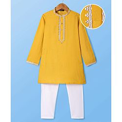 Pine Kids Woven Full Sleeves Sequined Embroidery Kurta Pyjama Set - Mustard