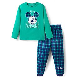 Pine Kids Disney Single Jersey Knit Full Sleeves Nightsuit With Mickey Mouse Graphic - Green & Navy Blue