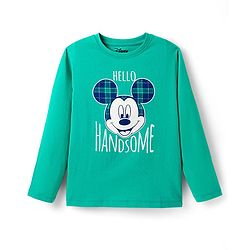 Pine Kids Disney Single Jersey Knit Full Sleeves Nightsuit With Mickey Mouse Graphic - Green & Navy Blue